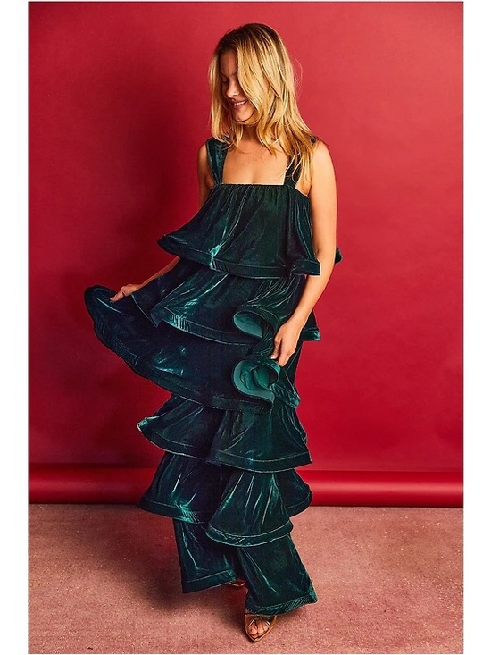 Buru Dresses & Skirts - Buru Teagan Velvet Tiered Ruffle A-Line Convertible Mini to Maxi Flounce Dress
